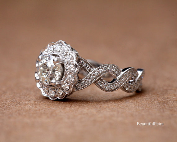 زفاف - Vintage style flower Halo - 14K Diamond Engagement Ring - 1.25 carats total - with miligrain - Bph029 - New
