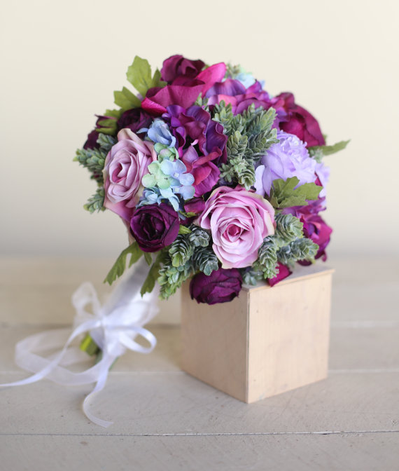 Wedding - Silk Bridal Bouquet Purple Roses Succulents Rustic Chic Wedding NEW 2014 Design by Morgann Hill Designs - New
