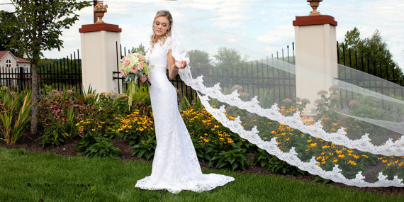 Hochzeit - Wedding Veil - Cathedral Bridal Alencon Lace Mantilla Veil - Ivory, Light Ivory, White - made to order - New