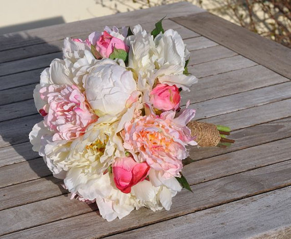 زفاف - Silk Wedding Bouquet, Wedding Bouquet, Keepsake Bouquet, Bridal Bouquet, Blush Pink, Coral and Ivory Peony silk flower bouquet. - New