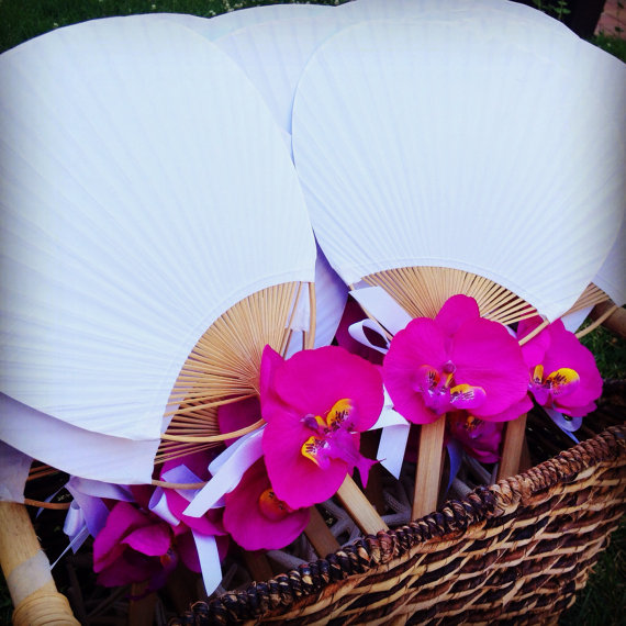 Wedding - White Paddle Fan with Pink Orchid