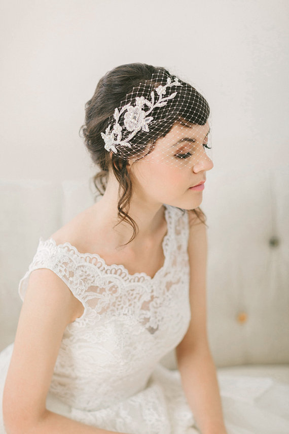 Wedding - Ivory Birdcage Veil with Hand Beaded Lace