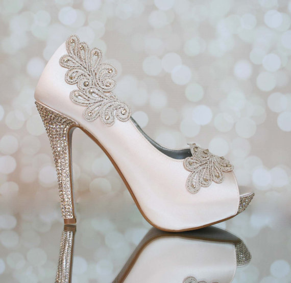 Hochzeit - Wedding Shoes -- Blush Platform Peep Toe Wedding Shoes with Blush Lace Accents, Swarovski Crystal Heel and Glittered Sole - New
