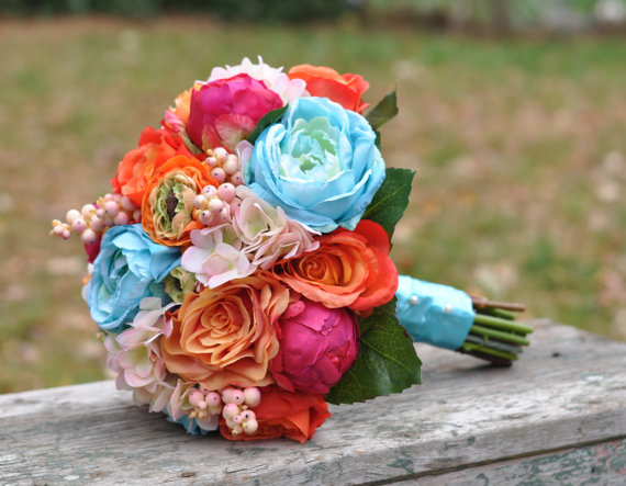 زفاف - Silk Wedding Bouquet, Wedding Bouquet, Keepsake Bouquet, Bridal Bouquet, Bright Summer Wedding Bouquet made of silk flowers. - New