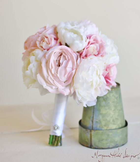 Wedding - Silk Bride Bouquet Classic Peony White Cream Pink Roses (Item Number 140363) NEW ITEM - New