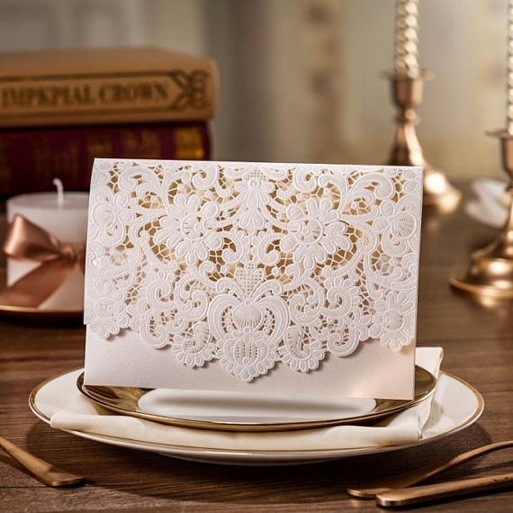 زفاف - White Cream Lace Wedding Invitation Card Laser Cut Invitation Printable Customized Pearl Unique Beautiful Set, Bridal Shower - Pack of 50 - New