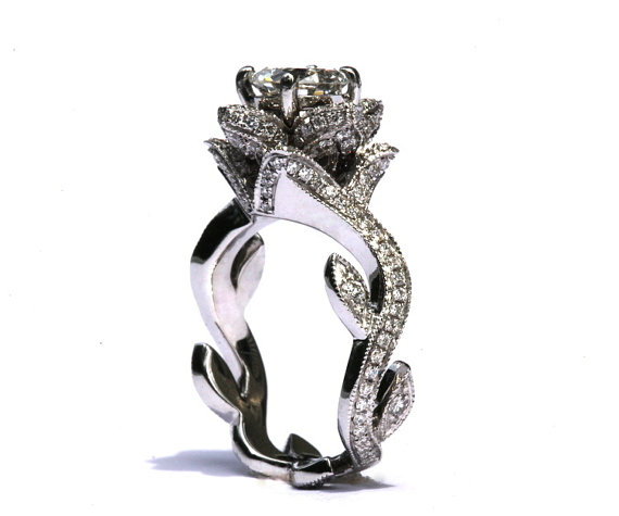 زفاف - Certified - BLOOMING Work Of Art - Flower Rose Lotus leaf - Vine - Diamond Engagement Ring - Beauty - 14K white gold  - fL07 Patented design - New