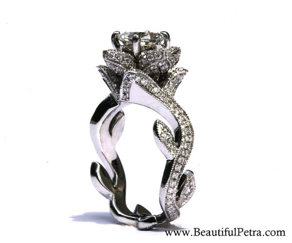 زفاف - BLOOMING Work Of Art - Milgrain Flower Rose Lotus Diamond Engagement Ring - Semi Mount - Setting - 14K white gold - fL07 - Patented design - New