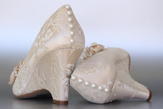 Свадьба - Custom Wedding Shoes -- Champagne Peep Toe Wedding Wedges with Lace Overlay, Pearl Buttons on Heel and Champagne and Pearl Flowers - New