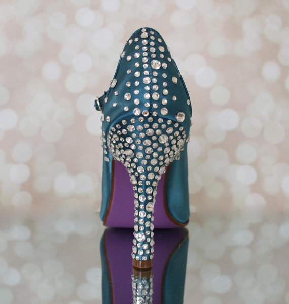 Hochzeit - Wedding Shoes -- Dark Turquoise Peep Toe Mary Jane Wedding Shoes with Silver Crystal Starburst Heel and Purple Painted Sole - New