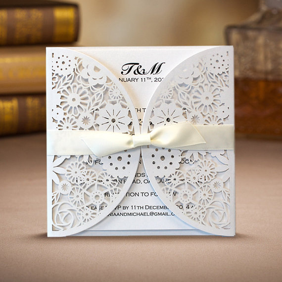 Hochzeit - 100 pcs Laser Cut Floral Wedding Invitation Laser Cut Wraps with Envelopes -- Set of 100 Pcs - New