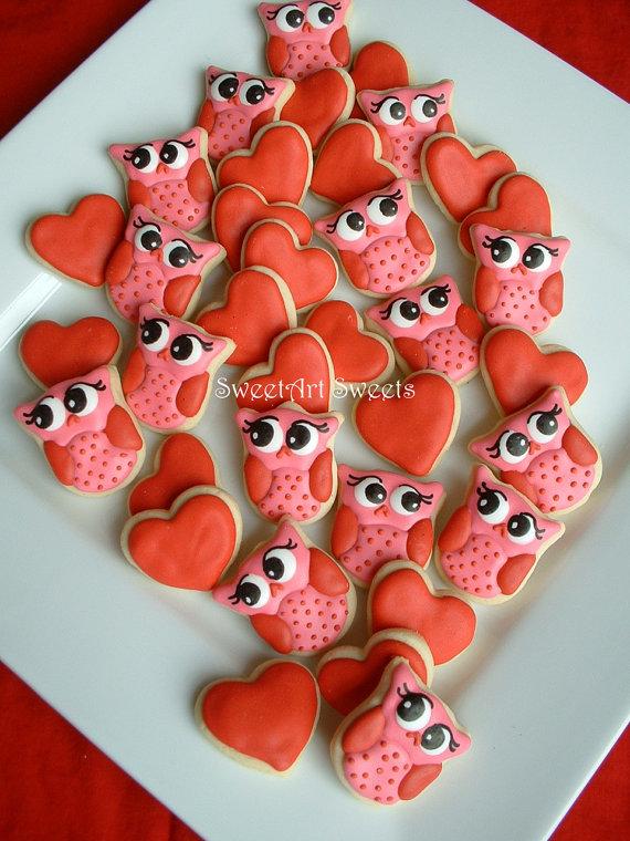 Wedding - Valentines day - Owl cookies and Hearts - Valentine Cookies - 2 dozen MINI cookies - FEATURED on Etsy Finds - New
