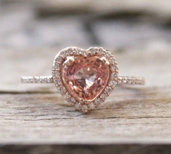 زفاف - Certified 1.28 Ct Padparadscha Heart Sapphire Halo Ring in 14K Rose Gold - New