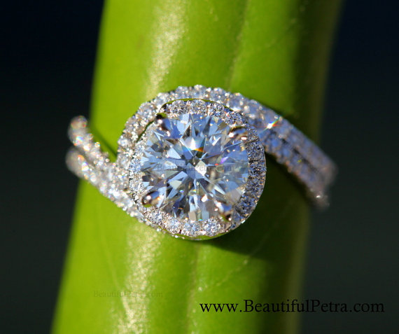 زفاف - Wedding Set - 14k White gold - Diamond Engagement Ring and matching band - Halo - UNIQUE - Thin Swirl - Pave - Bp0013 - New