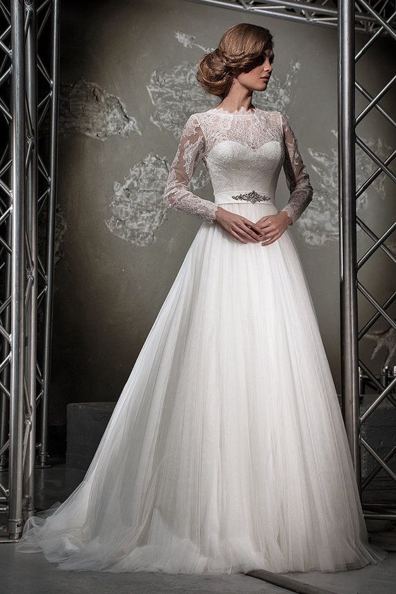 Hochzeit - Lace Wedding Dress.Long Sleeves Wedding Dress.Sheer Back Wedding Dress. Tule And Lace Wedding Dress.elegant Wedding Dress.