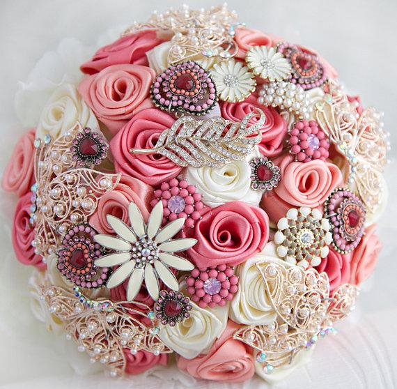 Свадьба - Brooch bouquet. Deposit on a Coral, Ivory and Gold wedding brooch bouquet, Jeweled Bouquet. Made upon request - New