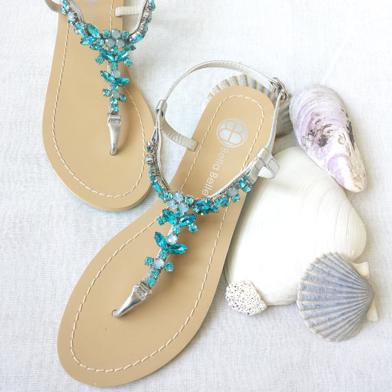 زفاف - Something Blue Ombre Wedding Sandals Shoes for Beach, Destination Wedding with Rhinestone Crystal Strappy Silver Bridal Thong - New