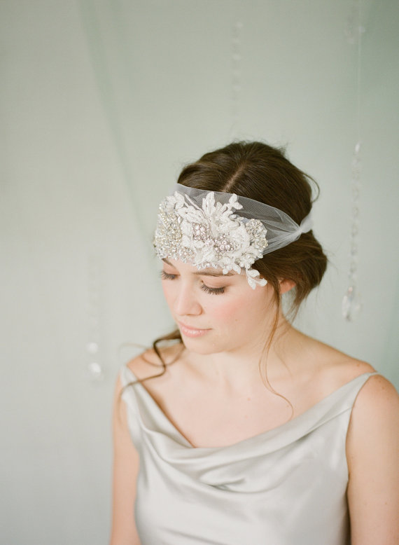 Hochzeit - Rhinestone Crystal and Lace Bridal Bandeau Headband, Bridal Headpiece rhinestone headpiece, crystal bandeau, bridal bandeau - New