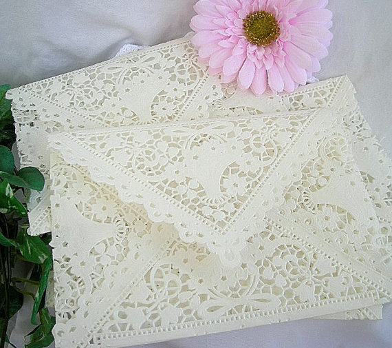 Hochzeit - Doily Lace Envelopes, Paper, Vintage Inspired,  IVORY Shabby Chic Wedding Invitaion Liners, 5 x 7 A7 Size 1 Piece Set - New