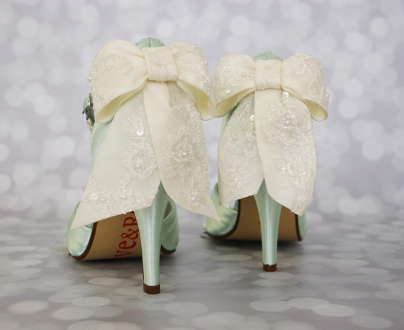 زفاف - Wedding Shoes -- Mint Peep Toe Wedding Shoes with Ivory Lace Overlay Bow and Pearl Covered Ankle Strap - New