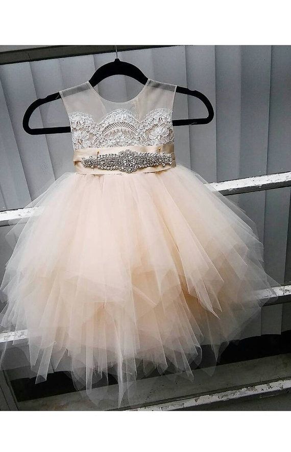 Hochzeit - Flower Girl Dress 'Bianca' With Rhinestone Sash, Sheer Netting, French Lace, Pouffy Butterscotch Tulle Skirt, Birthday Dress, Fairy Dress