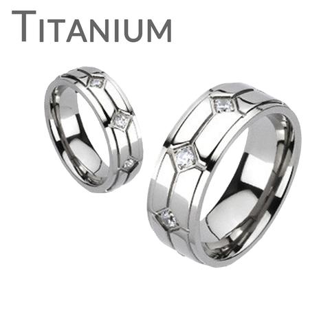Wedding - Vitality - Multiple Grooves Titanium Comfort Fit Ring with Cubic Zirconias