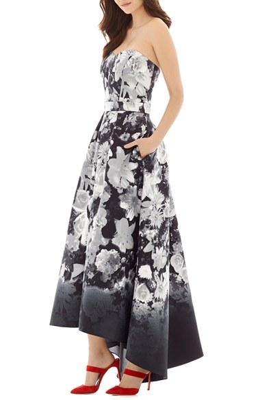 زفاف - Alfred Sung Floral Print Strapless Sateen High/Low Dress 