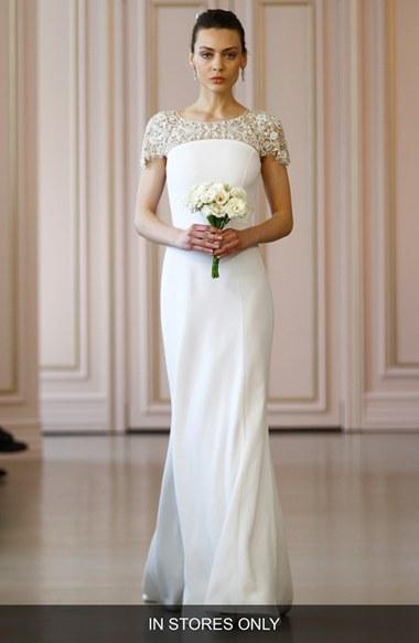 زفاف - Oscar de la Renta Embellished Illusion Neck Crepe Satin Column Gown (In Stores Only) 