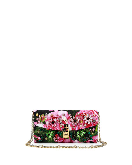 Mariage - Small Jeweled Rose Brocade Evening Chain Shoulder Bag, Black/Pink/Green
