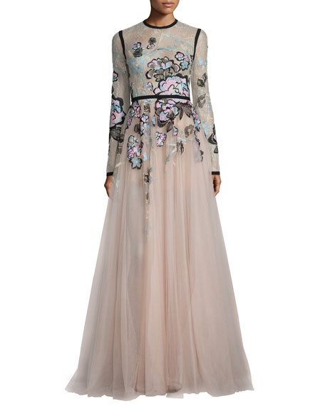 زفاف - Floral-Embroidered Long-Sleeve Gown, Blush/Multi