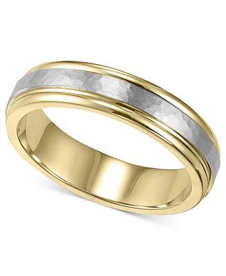 زفاف - Men&#039;s 14k Gold and 14k White Gold Ring, Two-Tone Hammered Wedding Band