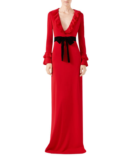 Mariage - Viscose Jersey Gown with Ruffles, Red