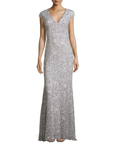 Mariage - Fleur Beaded Cap-Sleeve V-Neck Gown, Silver