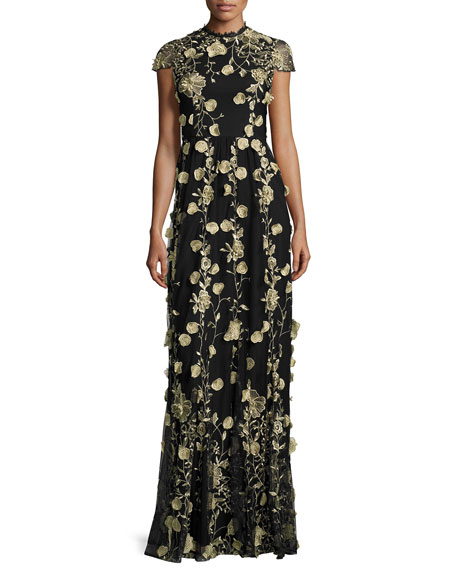 زفاف - Cap-Sleeve Floral Embroidered Gown, Black/Gold