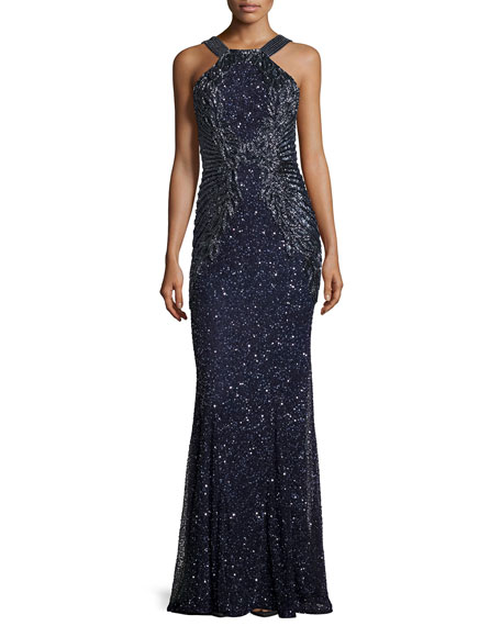 Mariage - Sequined Sleeveless Halter Gown, Deep Sea