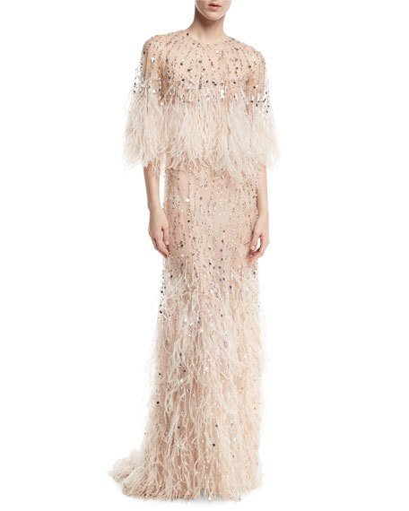 زفاف - Beaded Ostrich Feather Gown, Blush