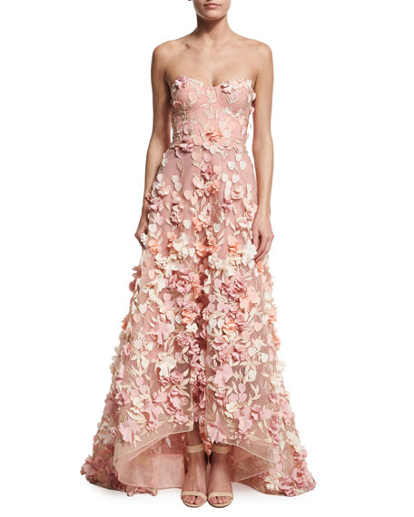 Hochzeit - Strapless High-Low Floral Tulle Gown, Blush