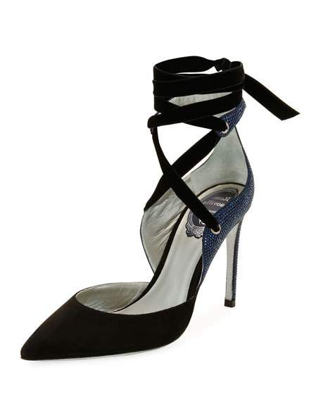 Mariage - Two-Tone Crystal-Back Ankle-Wrap Pump, Black/Blue