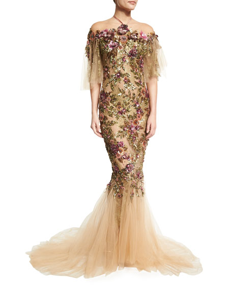 Hochzeit - Floral-Embroidered Halter Mermaid Gown, Nude/Multi