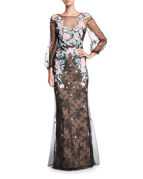 زفاف - Lace Tulle Long-Sleeve Evening Gown w/ Floral Embroidery