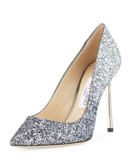 Mariage - Romy Glitter Pointed-Toe 100mm Pump, Navy/Silver