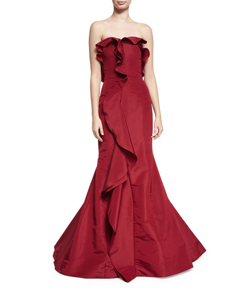 Свадьба - Strapless Cascade-Ruffle Gown, Dark Red