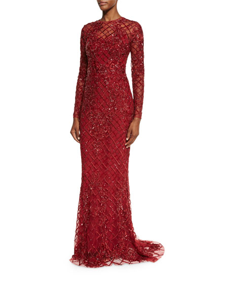 زفاف - Long-Sleeve Illusion Lattice Gown, Scarlet Red