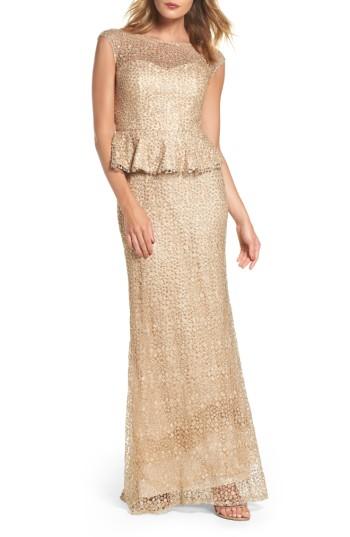 Hochzeit - La Femme Embellished Lace Peplum Gown 