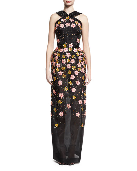 Hochzeit - Floral-Embroidered Halter Gown, Black/Multicolor