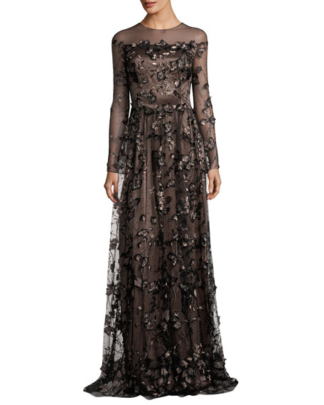 زفاف - Long-Sleeve Floral Illusion Gown