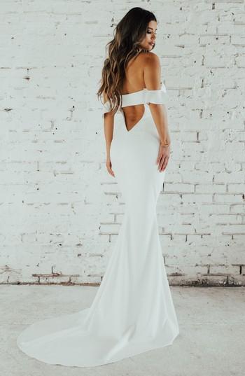 Hochzeit - Noel and Jean by Katie May Ruffled Off the Shoulder Crepe Mermaid Gown (Nordstrom Exclusive) 