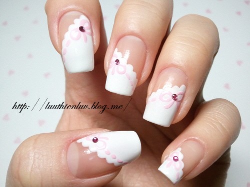 Wedding - Cute Wedding Nail Art and Design with Pink Bow and Pink Crystal Flatback Acrylic Rhinestone Beads 