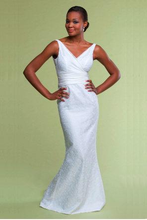 Wedding - White sleeveless wedding gown with floral patterns