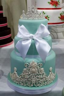 wedding photo - Tiffany's Wedding Cake with Edible Pearl and Lace Details 